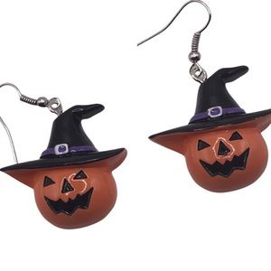 Spooky Halloween Pumpkin w Witch Hat Earrings